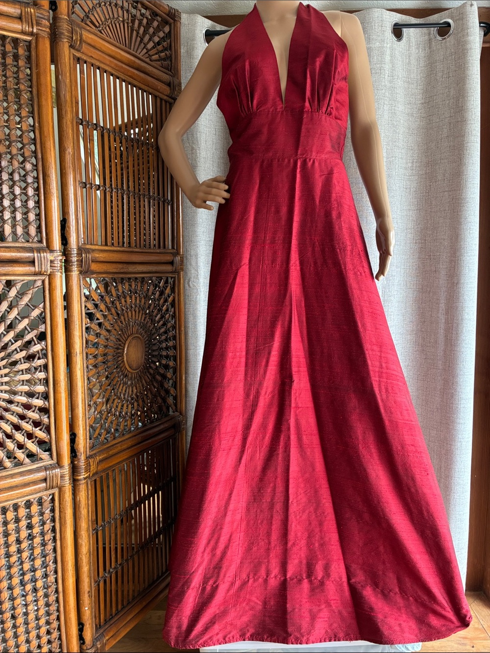Rae Silk Red Halter Gown Dress with Deep V Neck